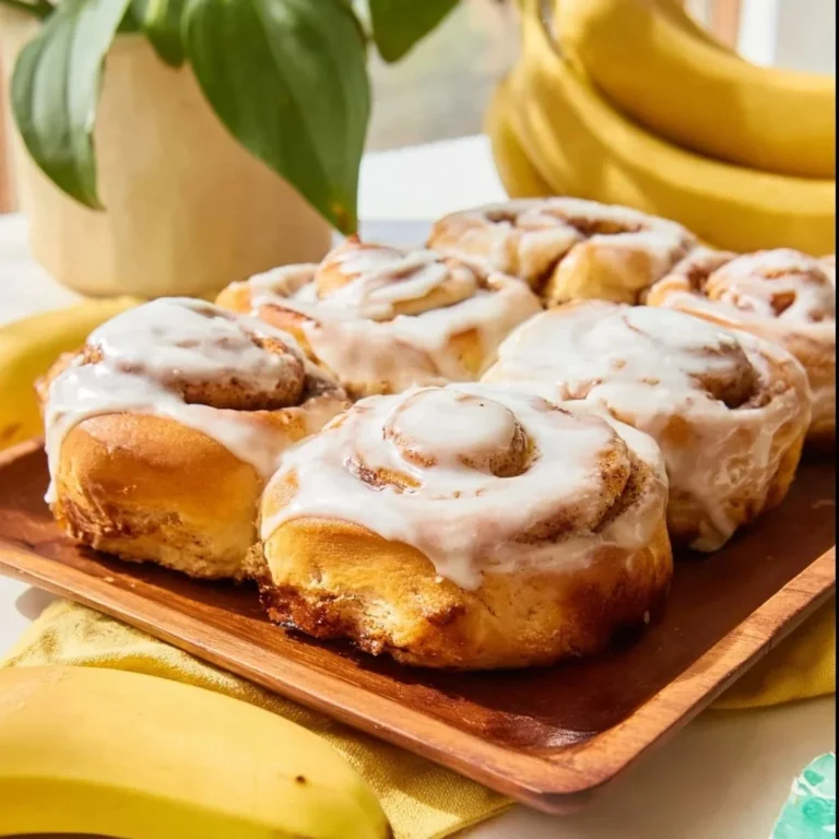 Delicious 5-ingredient banana bread cinnamon rolls topped with cinnamon and sugar.