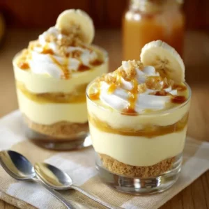 Delicious banana caramel cream dessert topped with whipped cream and banana slices.