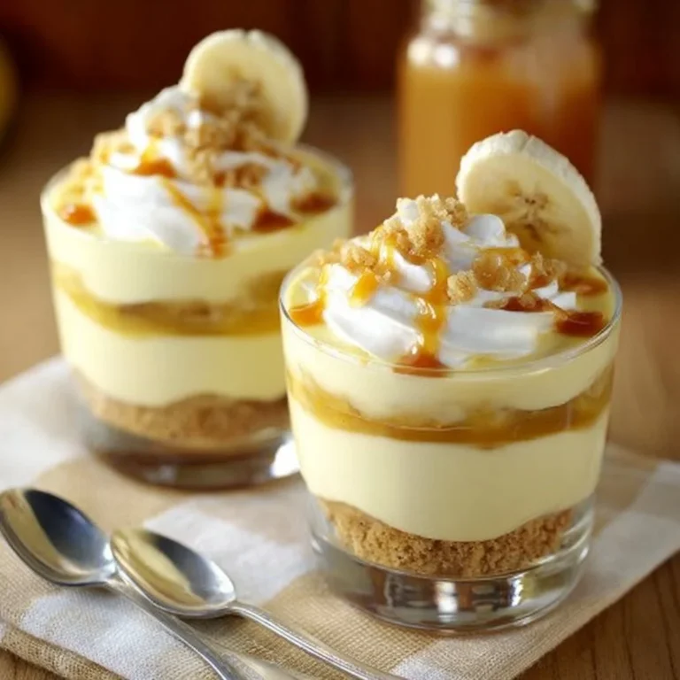 Delicious banana caramel cream dessert topped with whipped cream and banana slices.
