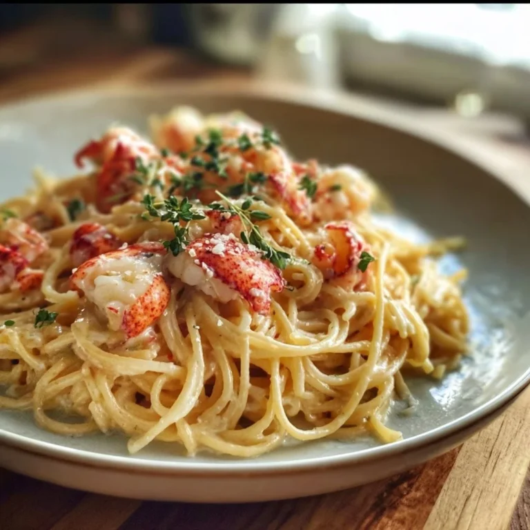 Plate of creamy buttered lobster pasta garnished with herbs and lemon.