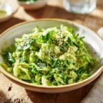 Cabbage and cucumber salad with creamy avocado basil dressing and tortilla chips