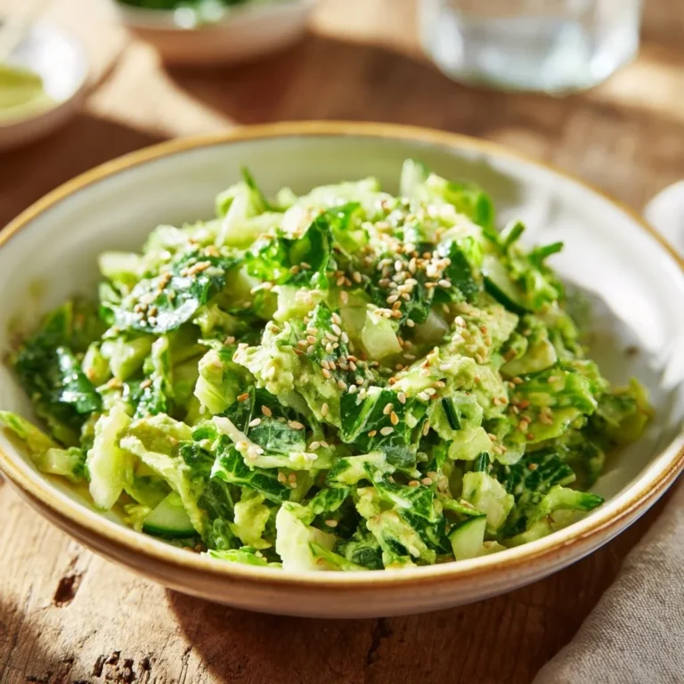Cabbage and cucumber salad with creamy avocado basil dressing and tortilla chips