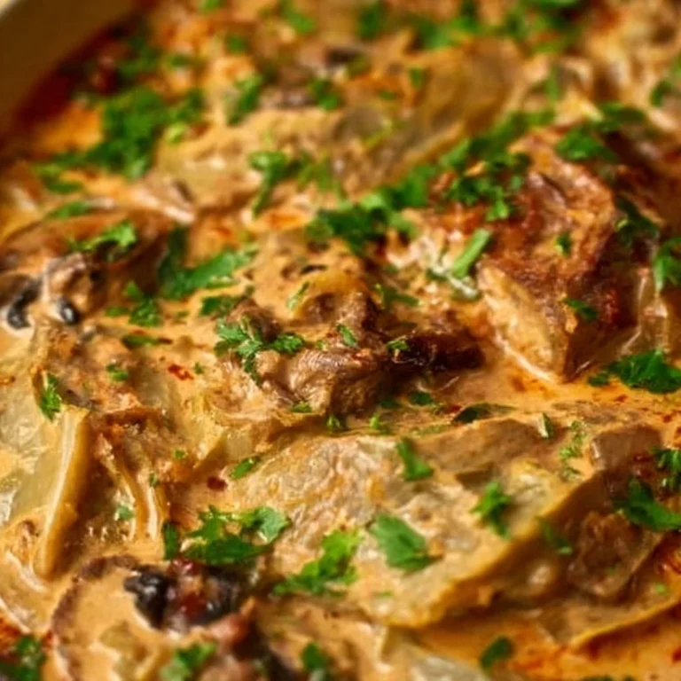 Cabbage steaks with creamy mushroom and onion sauce served on a plate