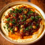 Caramelized pearl onion dip served with creamy feta hummus in a bowl