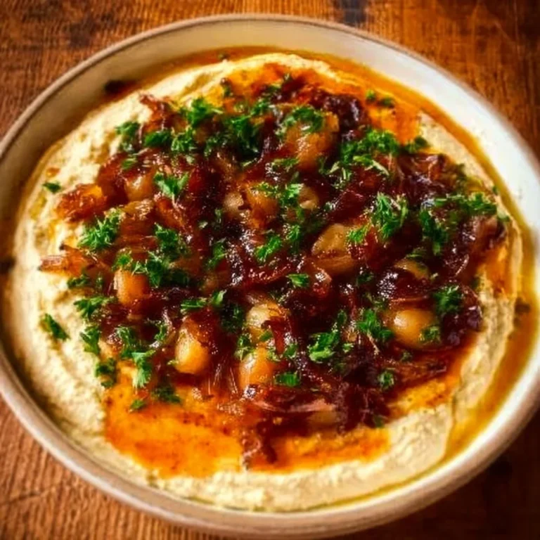 Caramelized pearl onion dip served with creamy feta hummus in a bowl