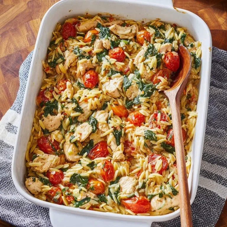 Delicious Chicken Orzo Bake served in a bowl, garnished with fresh herbs.