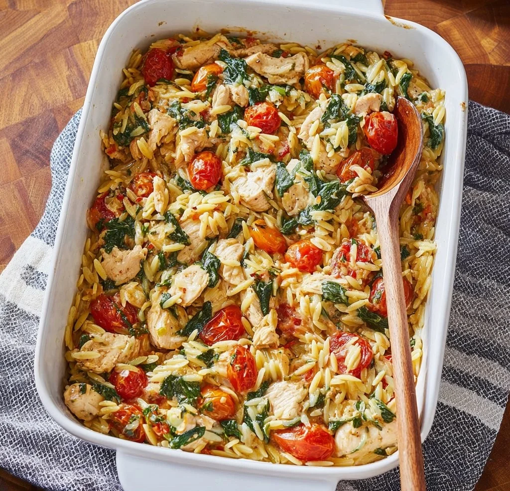 Delicious Chicken Orzo Bake served in a bowl, garnished with fresh herbs.