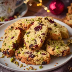 Delicious cranberry pistachio shortbread cookies on a wooden plate