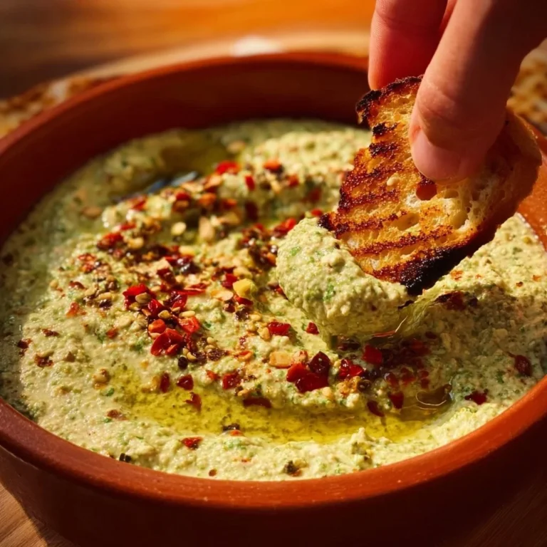 Creamy olive and vegan feta dip in a bowl, garnished and ready for dipping.