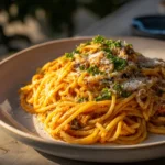 Creamy roasted eggplant and tomato pasta garnished with fresh herbs