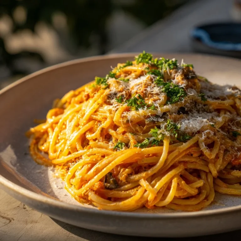 Creamy roasted eggplant and tomato pasta garnished with fresh herbs