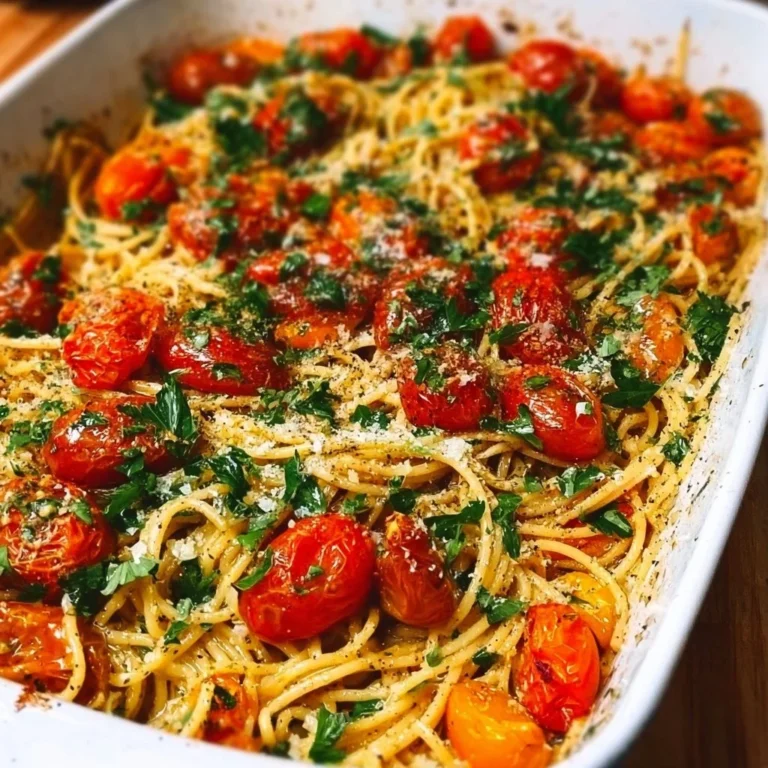 Creamy vegan pesto pasta with roasted cherry tomatoes on a white plate