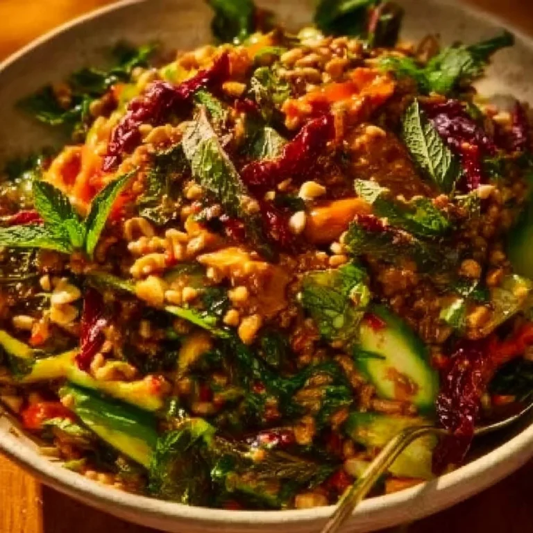 Crispy rice salad with vibrant vegetables and peanut-chili dressing