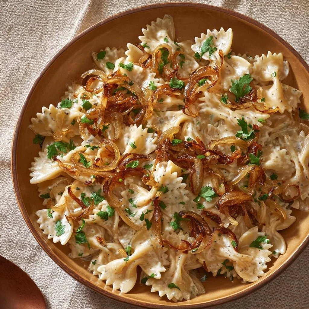 Bowl of French onion pasta salad with caramelized onions and herbs