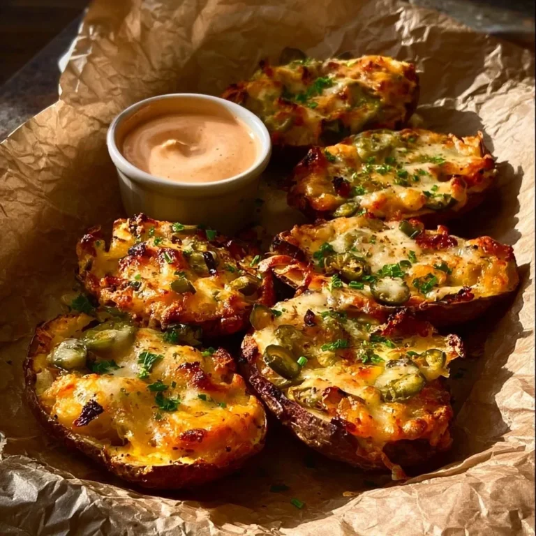 Delicious loaded twice baked potato skins topped with cheese and bacon