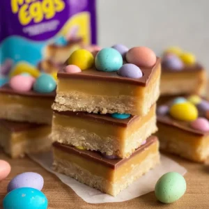 Delicious Millionaires Shortbread topped with Mini Eggs for a festive touch