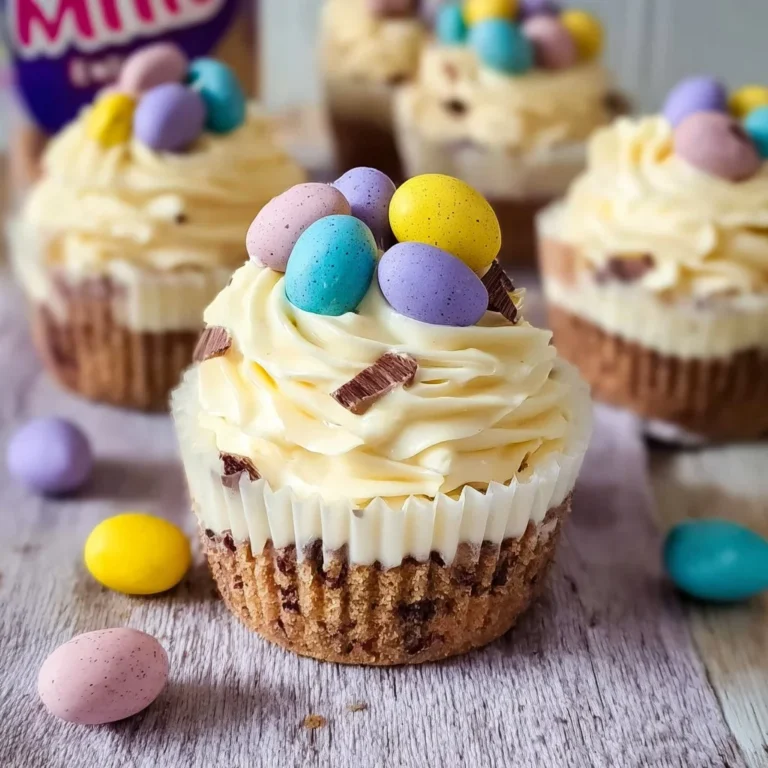 Mini Egg Mini Cheesecakes topped with Easter chocolates on a decorative plate.