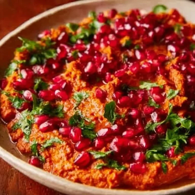 Bowl of muhammara dip made with roasted red peppers and walnuts