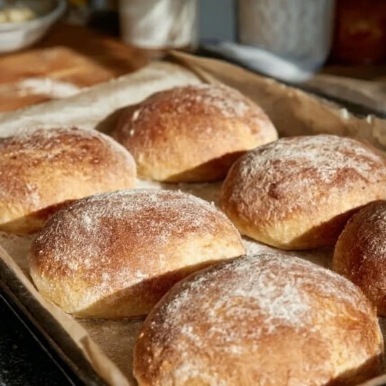Delicious no knead bread rolls fresh out of the oven, golden brown and fluffy.