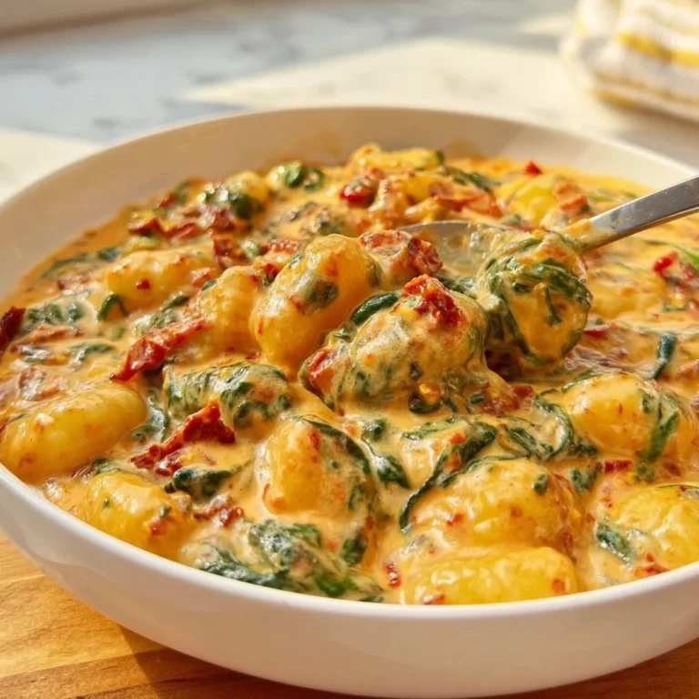 One pan creamy tomato spinach gnocchi dish garnished with fresh herbs