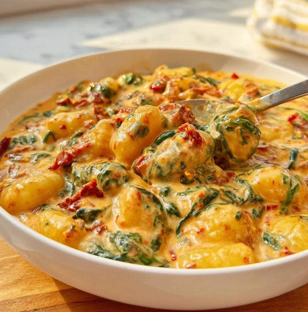 One pan creamy tomato spinach gnocchi dish garnished with fresh herbs
