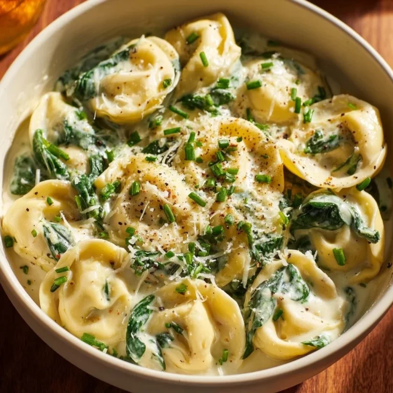 One Pot Spinach Artichoke Tortellini served in a white bowl