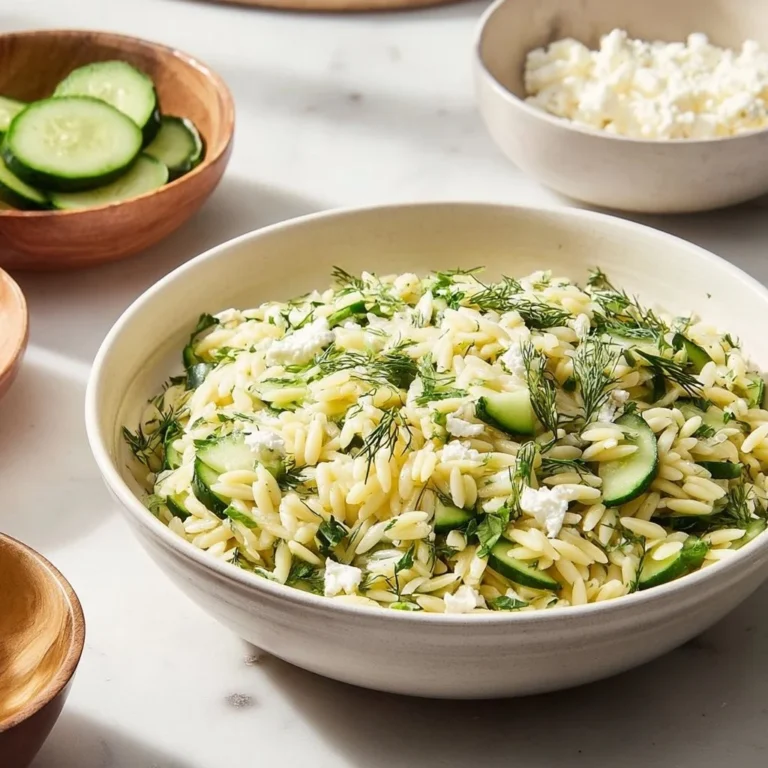 Delicious orzo salad with cucumbers and feta, served in a bowl