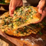 Golden pan-fried garlic focaccia bread served with herbs
