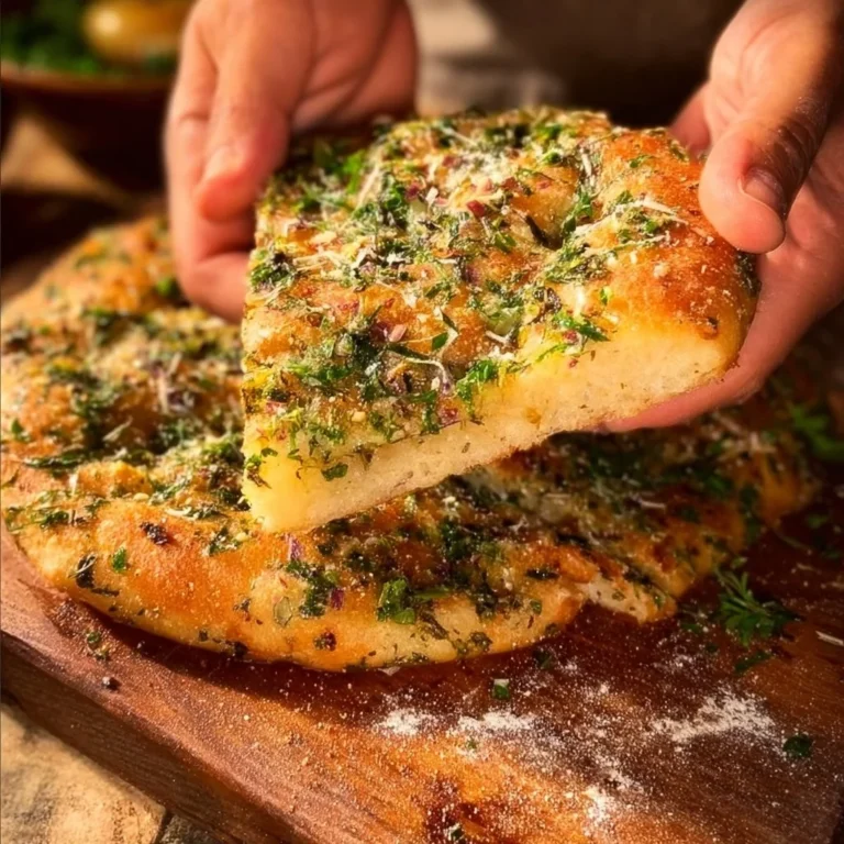 Golden pan-fried garlic focaccia bread served with herbs