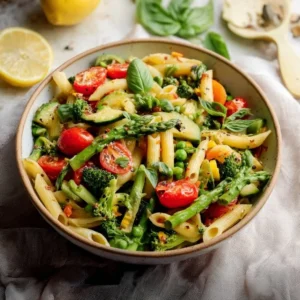 Colorful Pasta Primavera with fresh vegetables in a creamy sauce