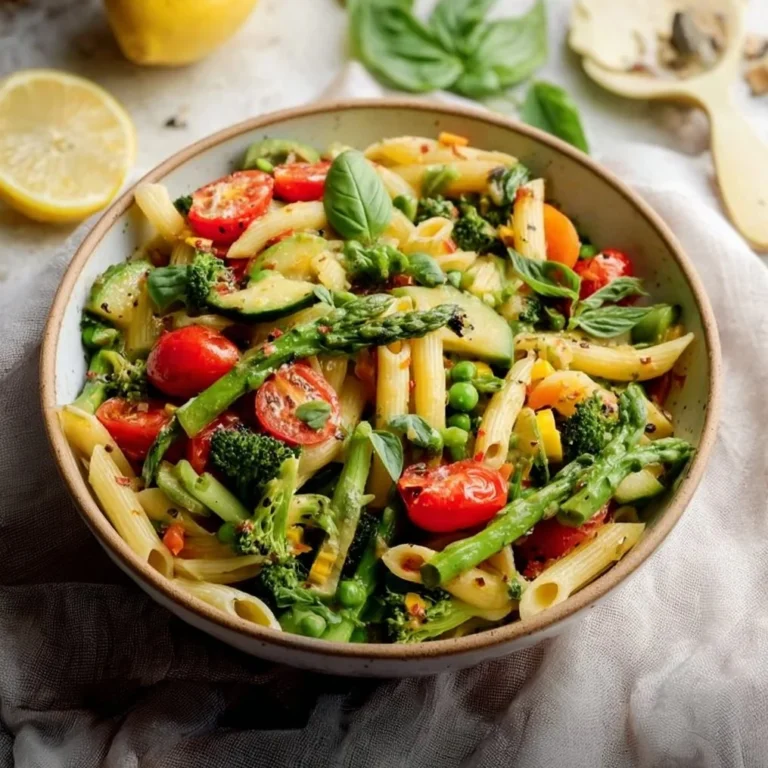 Colorful Pasta Primavera with fresh vegetables in a creamy sauce