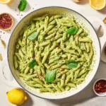 Delicious Pesto Ricotta Pasta served in a bowl with fresh herbs