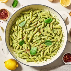 Delicious Pesto Ricotta Pasta served in a bowl with fresh herbs
