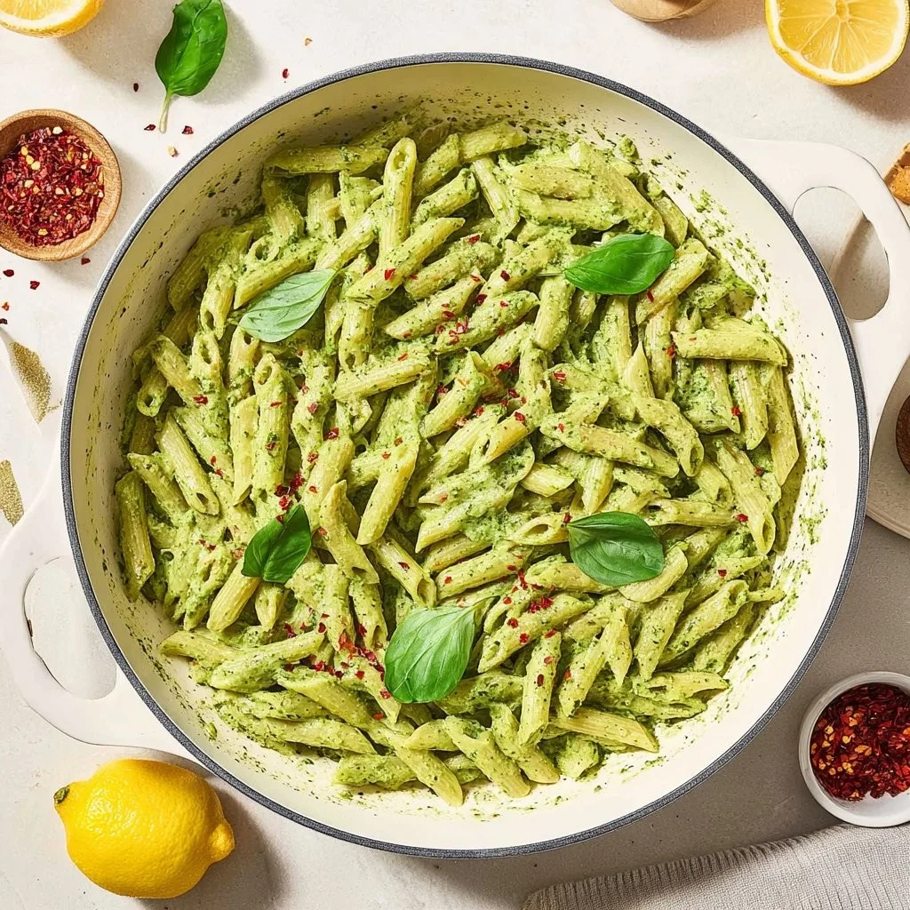 Delicious Pesto Ricotta Pasta served in a bowl with fresh herbs