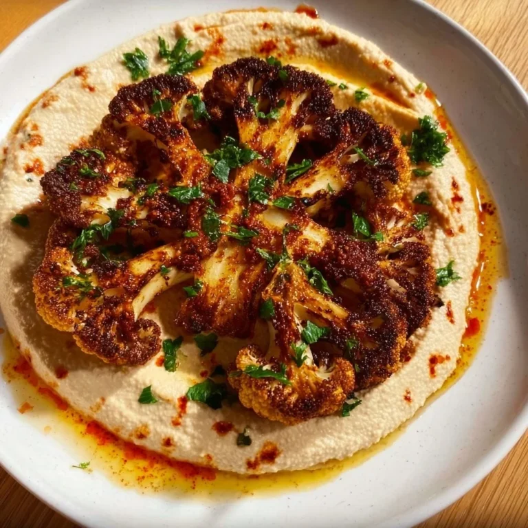 Delicious roasted cauliflower steaks served with spices and herbs.