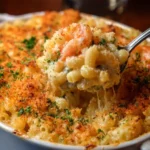 Bowl of creamy Seafood Mac and Cheese topped with seafood and breadcrumbs.