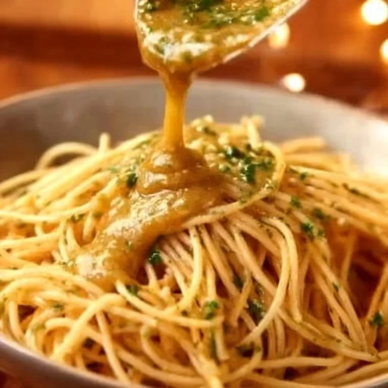 Spaghetti tossed with garlic and oil garnished with parsley