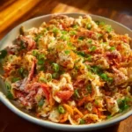 Spicy crispy pasta salad with chili crisp yogurt dressing in a vibrant bowl