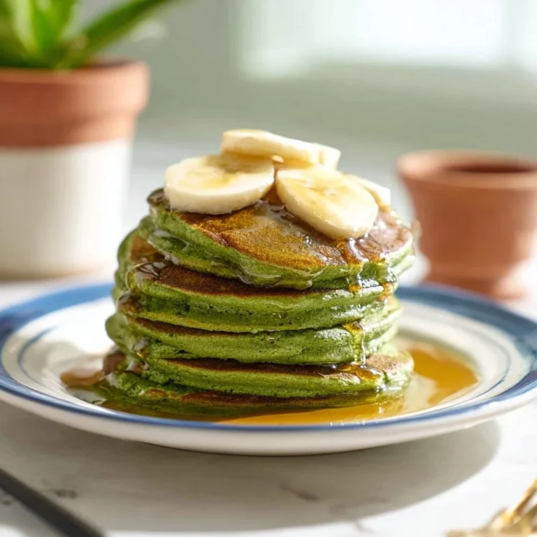 Healthy spinach banana pancakes stacked on a plate with fresh fruit