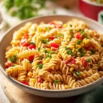 Bowl of colorful Taco Pasta Salad with fresh ingredients and toppings